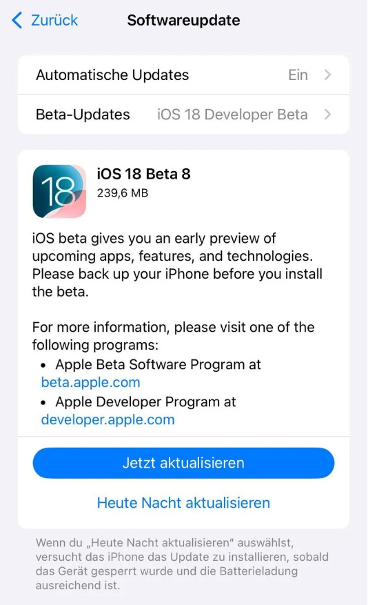 冯坡镇苹果手机维修分享苹果 iOS / iPadOS 18 开发者预览版 Beta 8 发布 